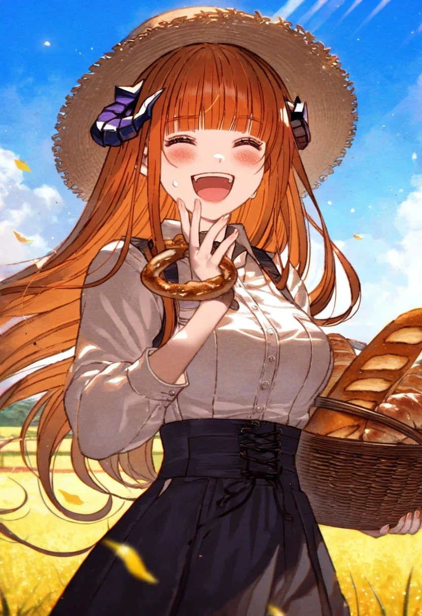 (fagi \(kakikaki\),shimatani azu,minaba hideo),[yoshida akihiko],((yamakawa),,kawacy,((maeka \(kumaekake\))),nardack, - 1girl,bagpipe \(arknights\),arknights,baguette,blush,bread,croissant,holding basket,pretzel,upper body,straw hat,field,sky,laughing,sweat,sunlight,