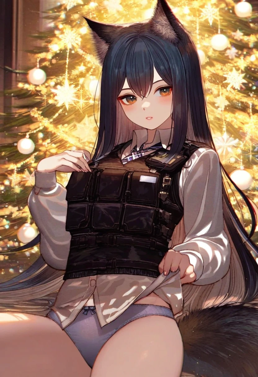 (fagi \(kakikaki\),shimatani azu,minaba hideo),[yoshida akihiko],[sheya],kawacy,((maeka \(kumaekake\))),nardack, - 1girl,texas \(arknights\),arknights,underwear,tactical vest,christmas tree,christmas ornaments,