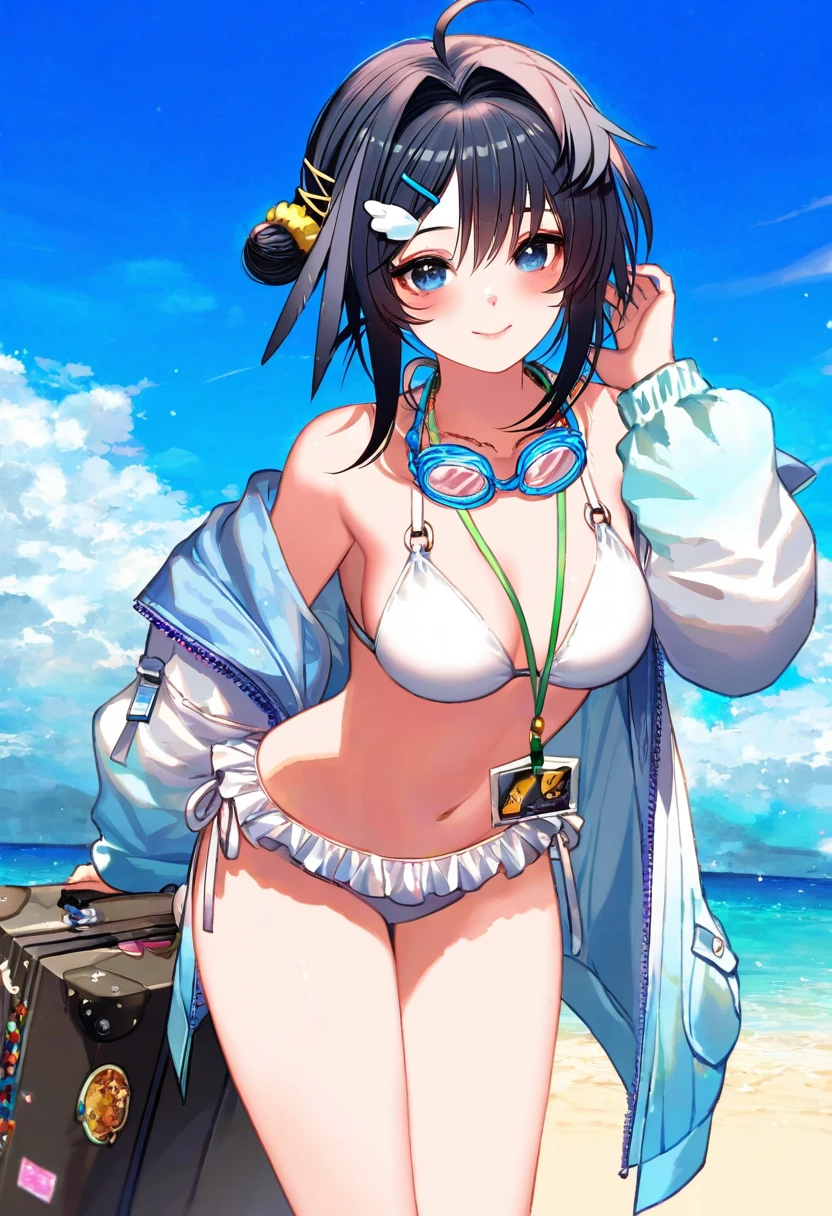(fagi \(kakikaki\),shimatani azu,minaba hideo),[yoshida akihiko],[sheya],kawacy,((maeka \(kumaekake\))),nardack, - 1girl,la pluma \(summer flowers\) \(arknights\),arknights,white bikini,outdoors,navel,day,sky,blue sky,beach,suitcase,looking at viewer,ocean,low-tied long hair,leaning forward,standing,holding,frills,hand up,bare shoulders,floating hair,