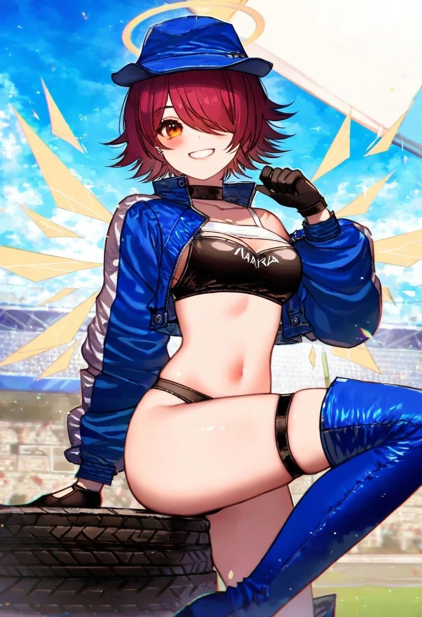 (fagi \(kakikaki\),shimatani azu,minaba hideo),[yoshida akihiko],[sheya],kawacy,((maeka \(kumaekake\))),nardack, - 1girl,exusiai \(arknights\),arknights,black gloves,black panties,blue thigh boots,blue hat,blue jacket,long sleeves,race queen,thigh strap,thong,single bare shoulder,skindentation,tire,