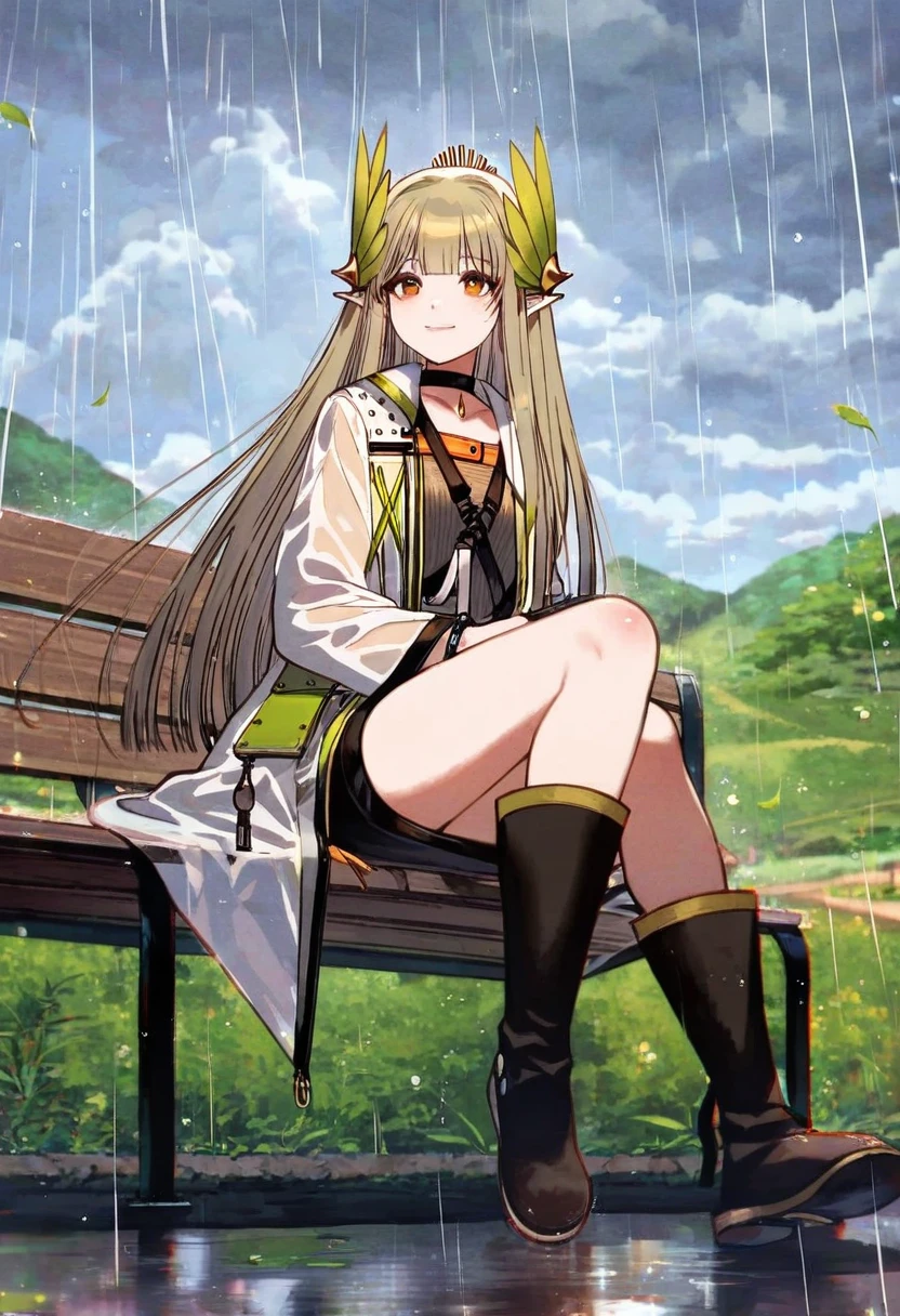 (fagi \(kakikaki\),shimatani azu,minaba hideo),[yoshida akihiko],[sheya],kawacy,((maeka \(kumaekake\))),nardack, - 1girl,muelsyse \(arknights\),arknights,cloudy sky,grass,on bench,outdoors,rain,road,yellow rubber boots,see-through coat,sitting,transparent raincoat,water drop,