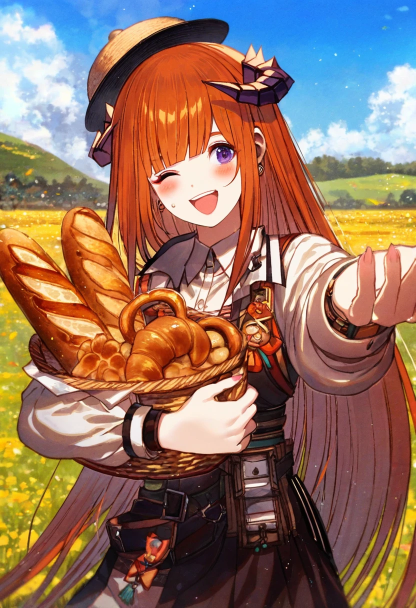 (fagi \(kakikaki\),shimatani azu,minaba hideo),[yoshida akihiko],[sheya],kawacy,((maeka \(kumaekake\))),nardack, - 1girl,bagpipe \(arknights\),arknights,baguette,blush,bread,croissant,holding basket,pretzel,upper body,straw hat,field,sky,laughing,sweat,sunlight,