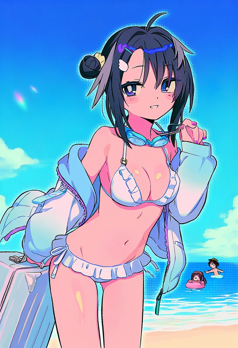 (henreader),reitou mikan,[yuuka nonoko],appleq,[tsukinami kousuke],(tomozero),((menma \(enaic31\))),[[migolu]], - 1girl,la pluma \(summer flowers\) \(arknights\),arknights,white bikini,outdoors,navel,day,sky,blue sky,beach,suitcase,looking at viewer,ocean,low-tied long hair,leaning forward,standing,holding,frills,hand up,bare shoulders,floating hair,