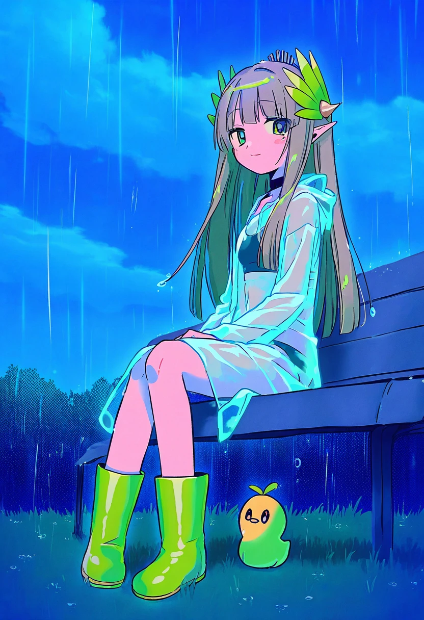 (henreader),reitou mikan,[yuuka nonoko],appleq,[tsukinami kousuke],(tomozero),((menma \(enaic31\))),[[migolu]], - 1girl,muelsyse \(arknights\),arknights,cloudy sky,grass,on bench,outdoors,rain,road,yellow rubber boots,see-through coat,sitting,transparent raincoat,water drop,