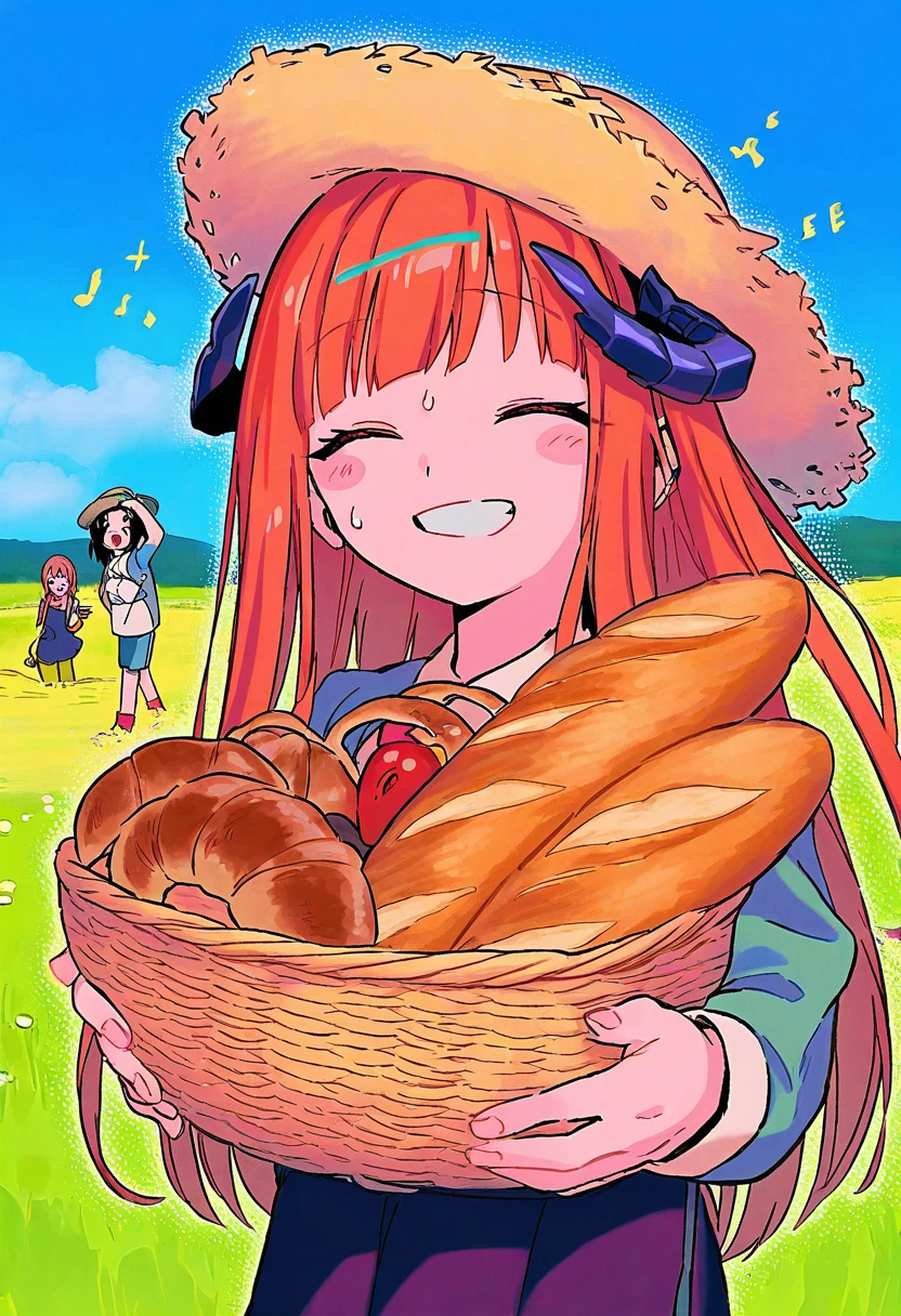 (henreader),reitou mikan,[yuuka nonoko],appleq,[tsukinami kousuke],(tomozero),((menma \(enaic31\))),[[migolu]], - 1girl,bagpipe \(arknights\),arknights,baguette,blush,bread,croissant,holding basket,pretzel,upper body,straw hat,field,sky,laughing,sweat,sunlight,