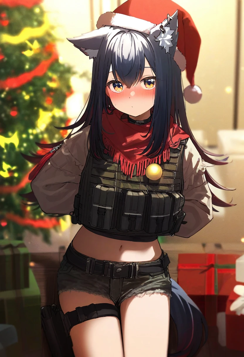 (hoojiro),[[turisasu]],[[momiji mao]],[fagi \(kakikaki\)],[[aak]],[yukie \(kusaka shi\)],mamyouda,((miu \(miuuu 721\))), - 1girl,texas \(arknights\),arknights,underwear,tactical vest,christmas tree,christmas ornaments,