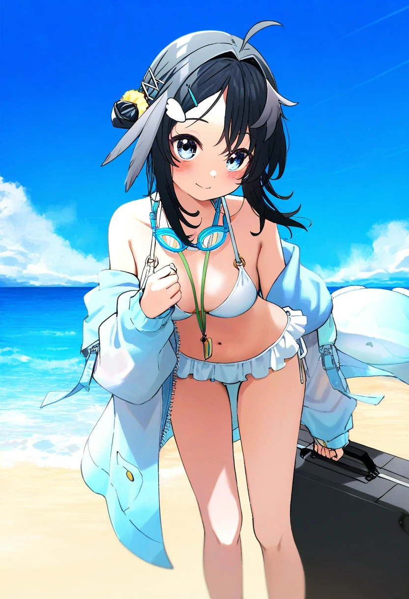 (hoojiro),[[turisasu]],[[momiji mao]],[fagi \(kakikaki\)],[[aak]],[yukie \(kusaka shi\)],mamyouda,((miu \(miuuu 721\))), - 1girl,la pluma \(summer flowers\) \(arknights\),arknights,white bikini,outdoors,navel,day,sky,blue sky,beach,suitcase,looking at viewer,ocean,low-tied long hair,leaning forward,standing,holding,frills,hand up,bare shoulders,floating hair,