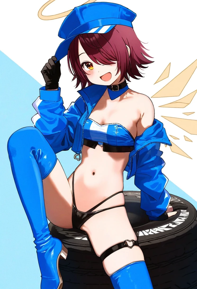 (hoojiro),[[turisasu]],[[momiji mao]],[fagi \(kakikaki\)],[[aak]],[yukie \(kusaka shi\)],mamyouda,((miu \(miuuu 721\))), - 1girl,exusiai \(arknights\),arknights,black gloves,black panties,blue thigh boots,blue hat,blue jacket,long sleeves,race queen,thigh strap,thong,single bare shoulder,skindentation,tire,
