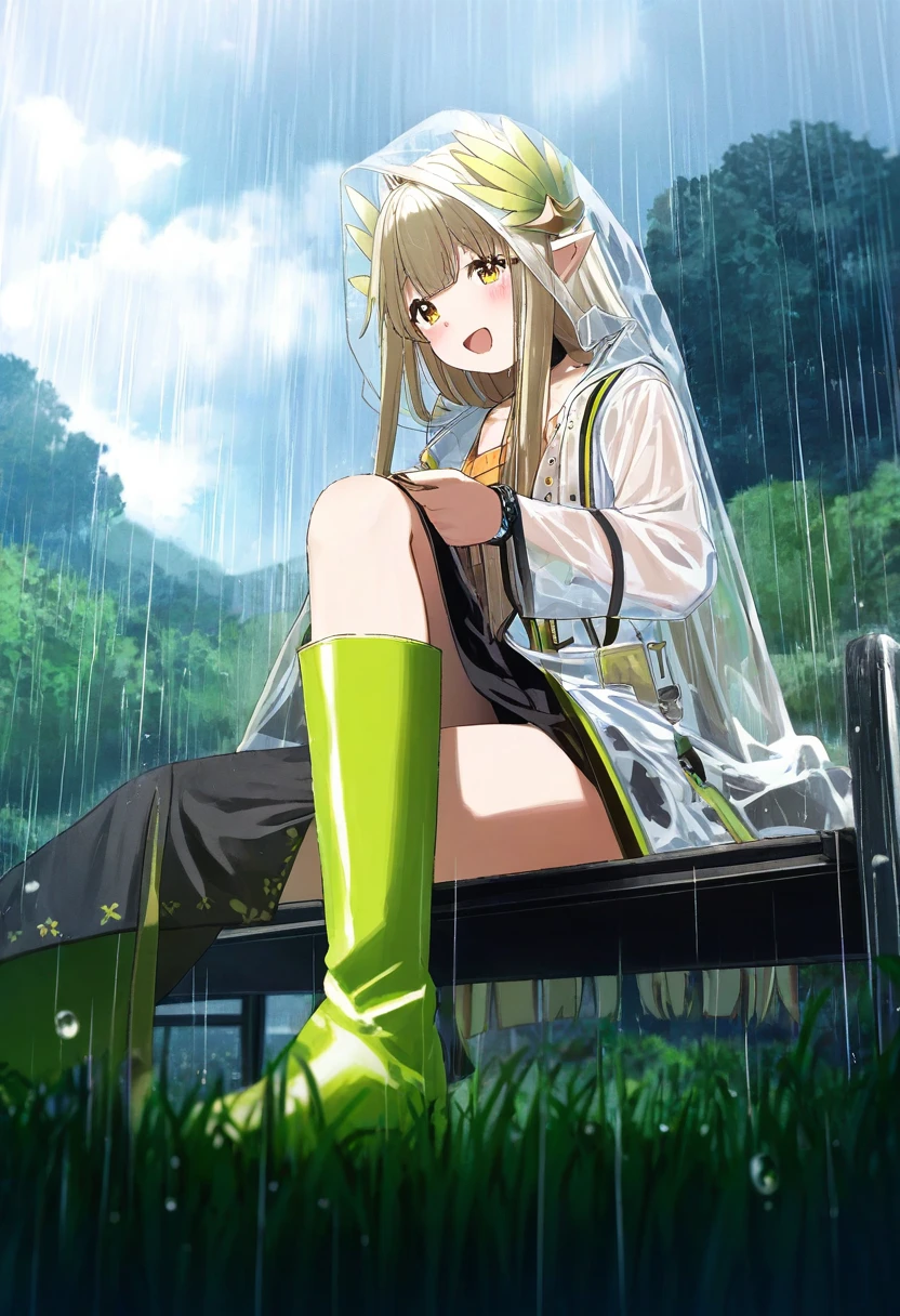 (hoojiro),[[turisasu]],[[momiji mao]],[fagi \(kakikaki\)],[[aak]],[yukie \(kusaka shi\)],mamyouda,((miu \(miuuu 721\))), - 1girl,muelsyse \(arknights\),arknights,cloudy sky,grass,on bench,outdoors,rain,road,yellow rubber boots,see-through coat,sitting,transparent raincoat,water drop,