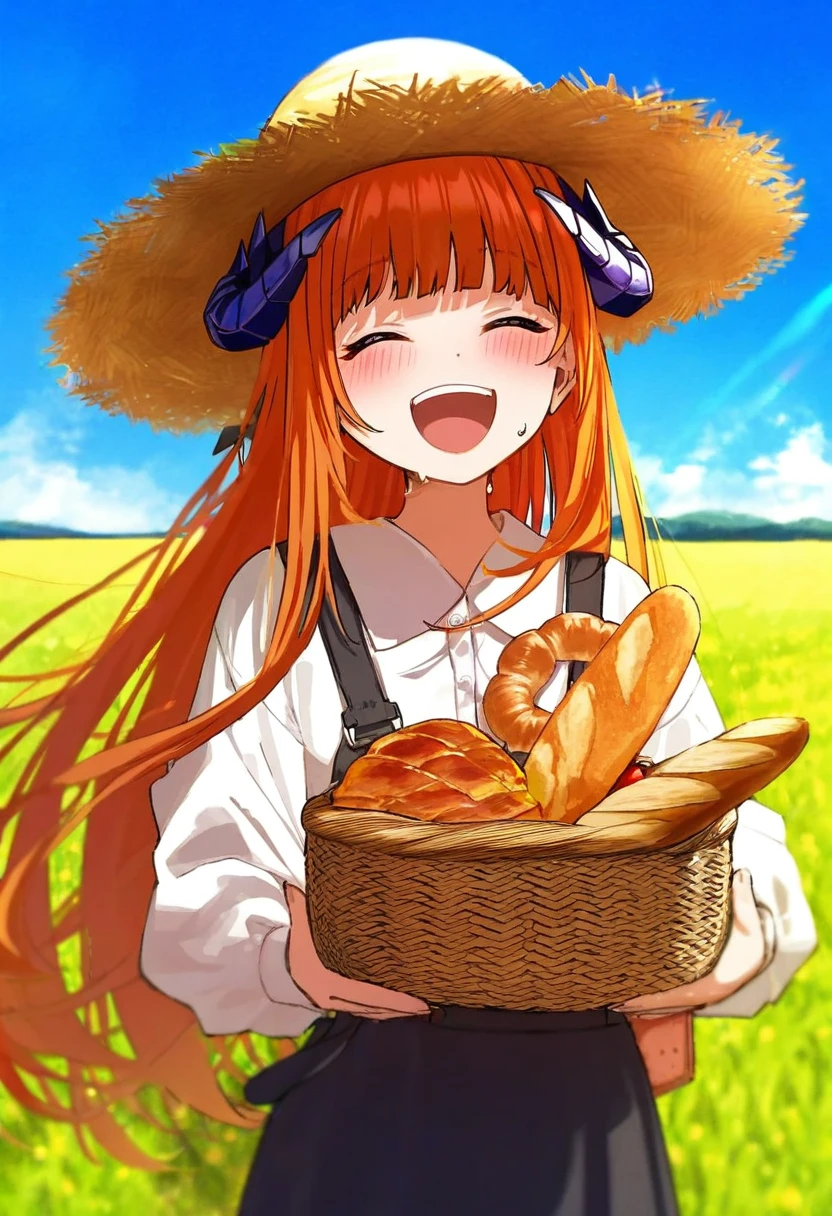 (hoojiro),[[turisasu]],[[momiji mao]],[fagi \(kakikaki\)],[[aak]],[yukie \(kusaka shi\)],mamyouda,((miu \(miuuu 721\))), - 1girl,bagpipe \(arknights\),arknights,baguette,blush,bread,croissant,holding basket,pretzel,upper body,straw hat,field,sky,laughing,sweat,sunlight,