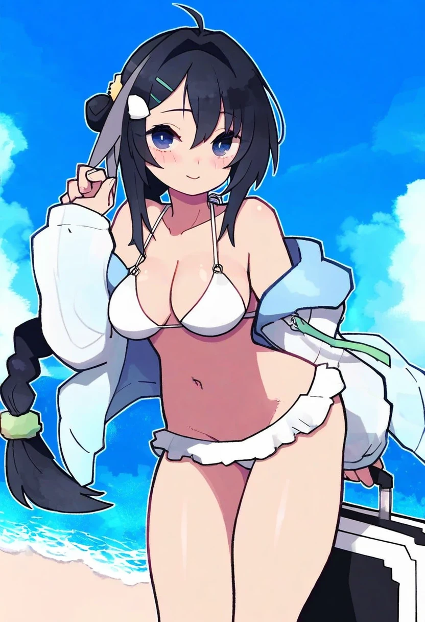 (lamb-oic029),((kedama milk)),[rariatto \(ganguri\)],((mochizuki kei)),[norza],keenh, - 1girl,la pluma \(summer flowers\) \(arknights\),arknights,white bikini,outdoors,navel,day,sky,blue sky,beach,suitcase,looking at viewer,ocean,low-tied long hair,leaning forward,standing,holding,frills,hand up,bare shoulders,floating hair,