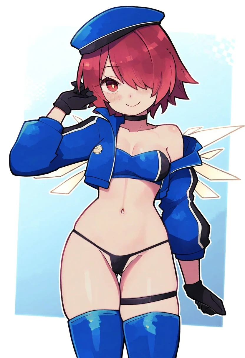 (lamb-oic029),((kedama milk)),[rariatto \(ganguri\)],((mochizuki kei)),[norza],keenh, - 1girl,exusiai \(arknights\),arknights,black gloves,black panties,blue thigh boots,blue hat,blue jacket,long sleeves,race queen,thigh strap,thong,single bare shoulder,skindentation,tire,