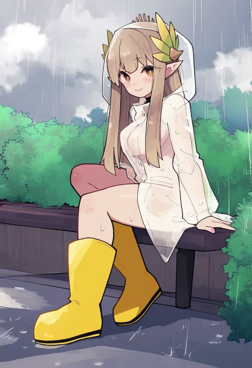 (lamb-oic029),((kedama milk)),[rariatto \(ganguri\)],((mochizuki kei)),[norza],keenh, - 1girl,muelsyse \(arknights\),arknights,cloudy sky,grass,on bench,outdoors,rain,road,yellow rubber boots,see-through coat,sitting,transparent raincoat,water drop,