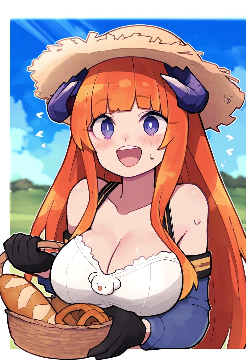(lamb-oic029),((kedama milk)),[rariatto \(ganguri\)],((mochizuki kei)),[norza],keenh, - 1girl,bagpipe \(arknights\),arknights,baguette,blush,bread,croissant,holding basket,pretzel,upper body,straw hat,field,sky,laughing,sweat,sunlight,
