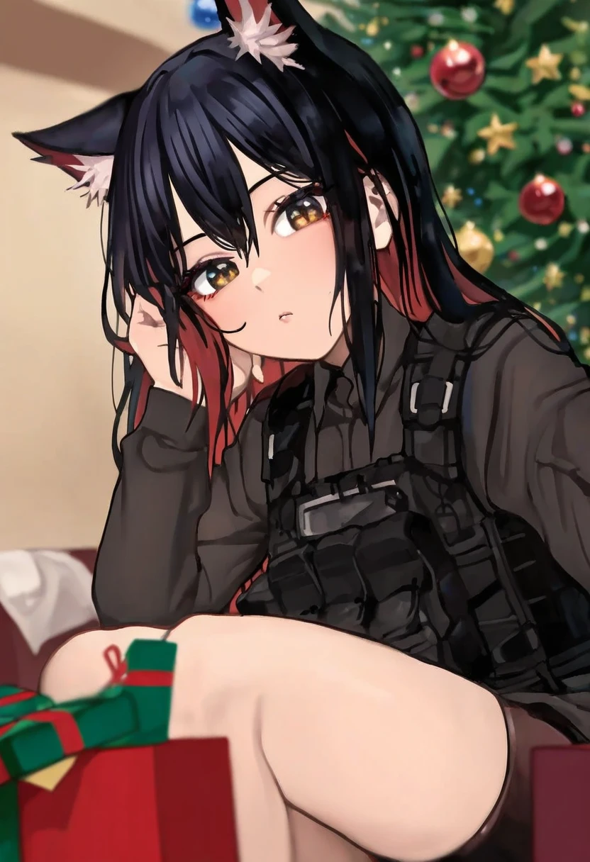 (mamimi \(mamamimi\)),huwari \(dnwls3010\),[[m k]],(mozukuzu \(manukedori\)),(asazuki norito),[rune \(dualhart\)],[[hyde \(tabakko\)]],((kamitoge supino)), - 1girl,texas \(arknights\),arknights,underwear,tactical vest,christmas tree,christmas ornaments,