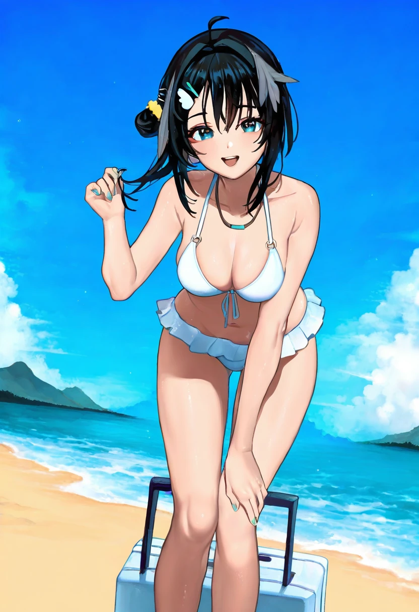 (mamimi \(mamamimi\)),huwari \(dnwls3010\),[[m k]],(mozukuzu \(manukedori\)),(asazuki norito),[rune \(dualhart\)],[[hyde \(tabakko\)]],((kamitoge supino)), - 1girl,la pluma \(summer flowers\) \(arknights\),arknights,white bikini,outdoors,navel,day,sky,blue sky,beach,suitcase,looking at viewer,ocean,low-tied long hair,leaning forward,standing,holding,frills,hand up,bare shoulders,floating hair,