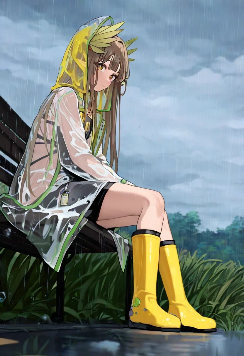 (mamimi \(mamamimi\)),huwari \(dnwls3010\),[[m k]],(mozukuzu \(manukedori\)),(asazuki norito),[rune \(dualhart\)],[[hyde \(tabakko\)]],((kamitoge supino)), - 1girl,muelsyse \(arknights\),arknights,cloudy sky,grass,on bench,outdoors,rain,road,yellow rubber boots,see-through coat,sitting,transparent raincoat,water drop,
