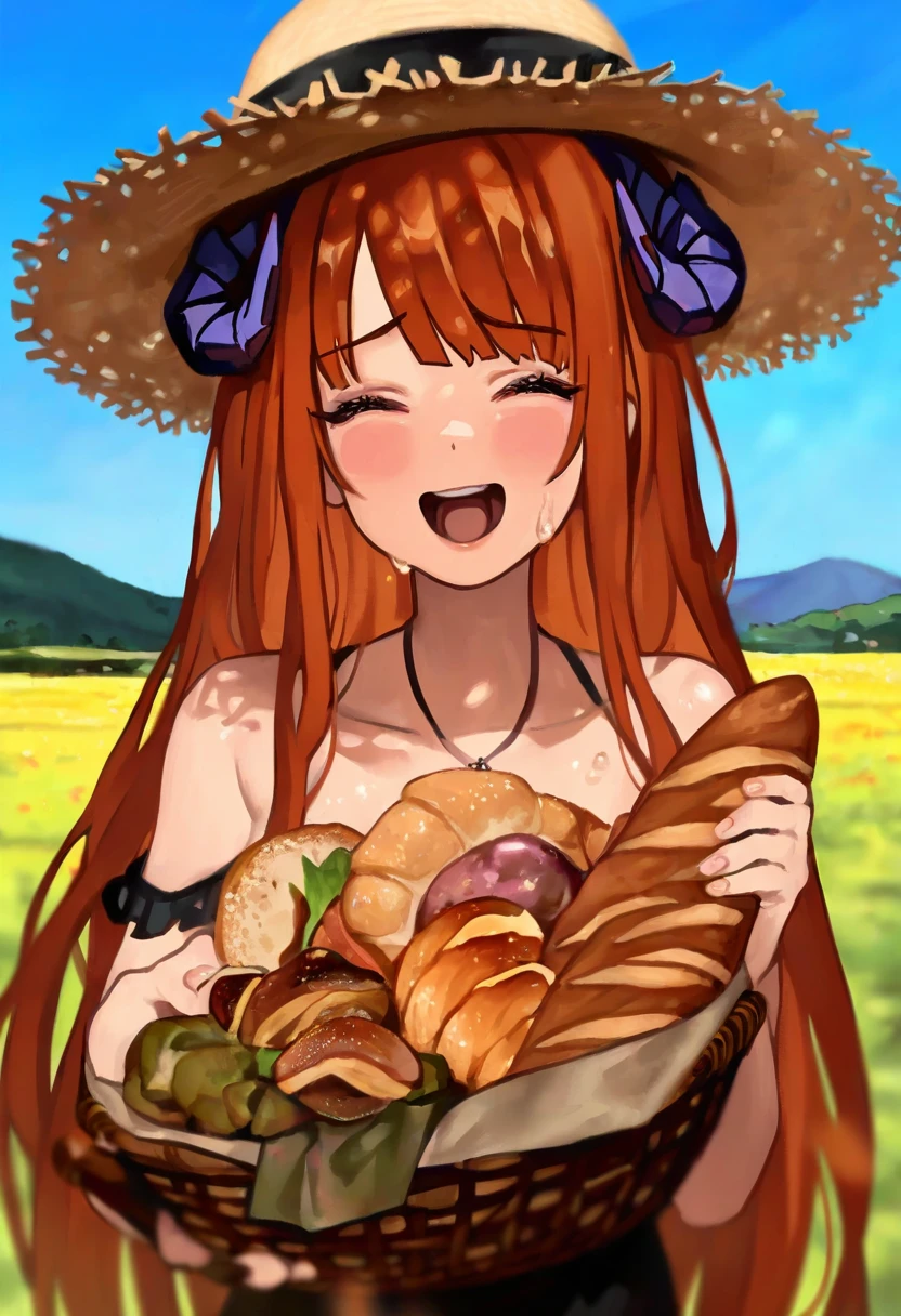 (mamimi \(mamamimi\)),huwari \(dnwls3010\),[[m k]],(mozukuzu \(manukedori\)),(asazuki norito),[rune \(dualhart\)],[[hyde \(tabakko\)]],((kamitoge supino)), - 1girl,bagpipe \(arknights\),arknights,baguette,blush,bread,croissant,holding basket,pretzel,upper body,straw hat,field,sky,laughing,sweat,sunlight,