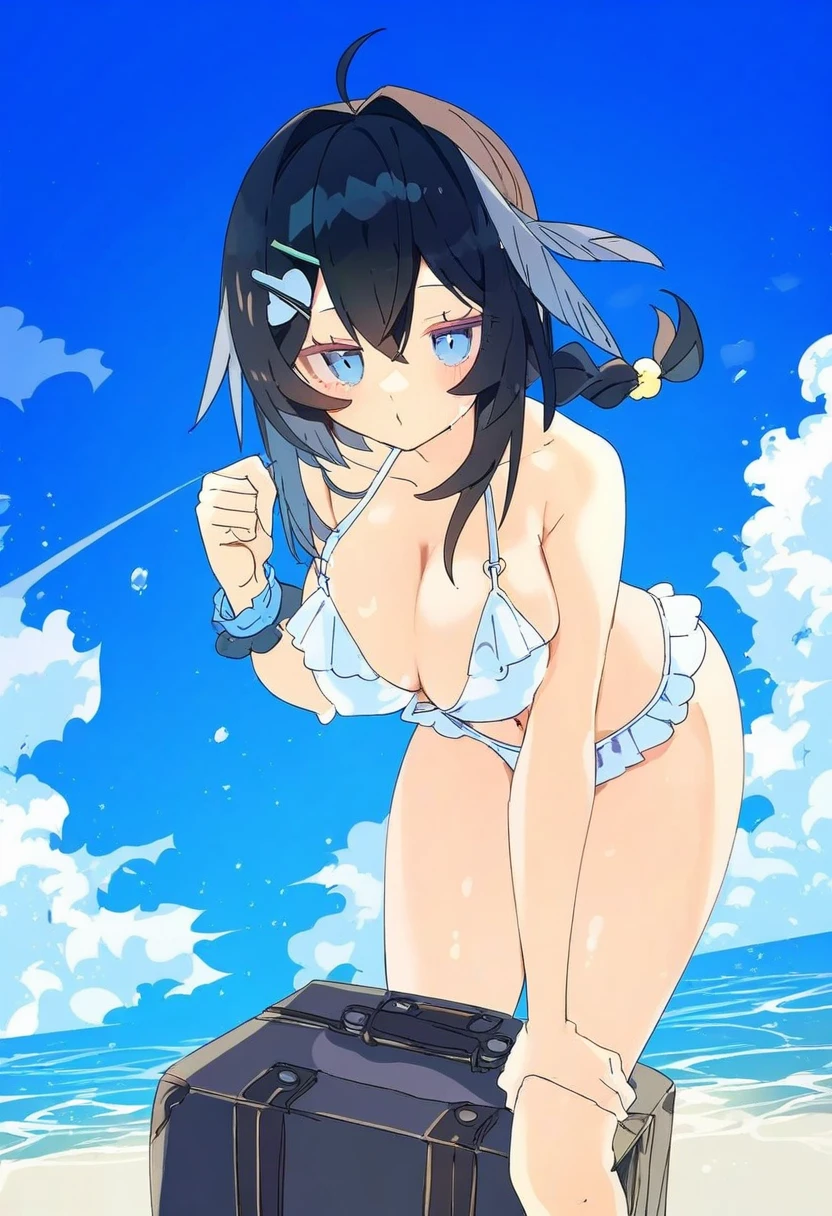 (miyase mahiro),[mendou kusai],((mamuru)),[[hxxg]],reoen,((nikorashi-ka)),[[omone hokoma agm]],((ett)), - 1girl,la pluma \(summer flowers\) \(arknights\),arknights,white bikini,outdoors,navel,day,sky,blue sky,beach,suitcase,looking at viewer,ocean,low-tied long hair,leaning forward,standing,holding,frills,hand up,bare shoulders,floating hair,