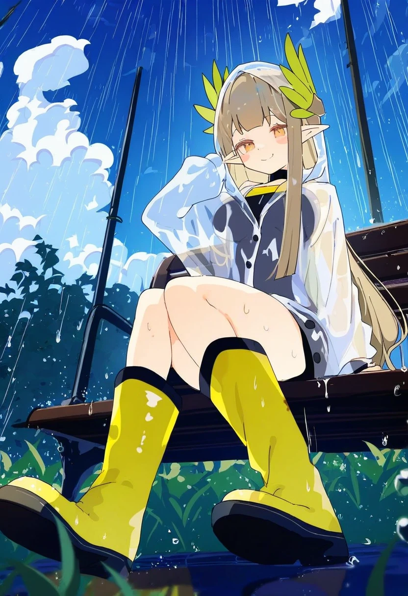 (miyase mahiro),[mendou kusai],((mamuru)),[[hxxg]],reoen,((nikorashi-ka)),[[omone hokoma agm]],((ett)), - 1girl,muelsyse \(arknights\),arknights,cloudy sky,grass,on bench,outdoors,rain,road,yellow rubber boots,see-through coat,sitting,transparent raincoat,water drop,