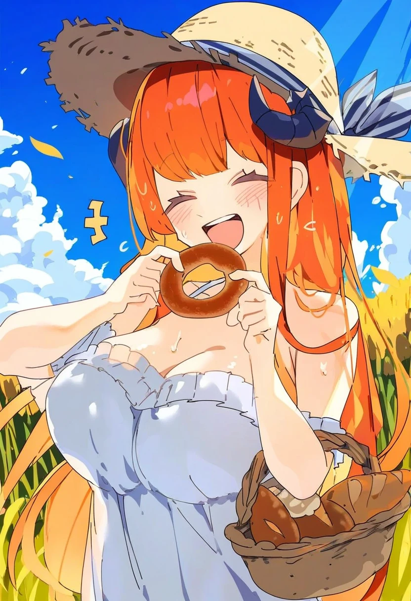 (miyase mahiro),[mendou kusai],((mamuru)),[[hxxg]],reoen,((nikorashi-ka)),[[omone hokoma agm]],((ett)), - 1girl,bagpipe \(arknights\),arknights,baguette,blush,bread,croissant,holding basket,pretzel,upper body,straw hat,field,sky,laughing,sweat,sunlight,