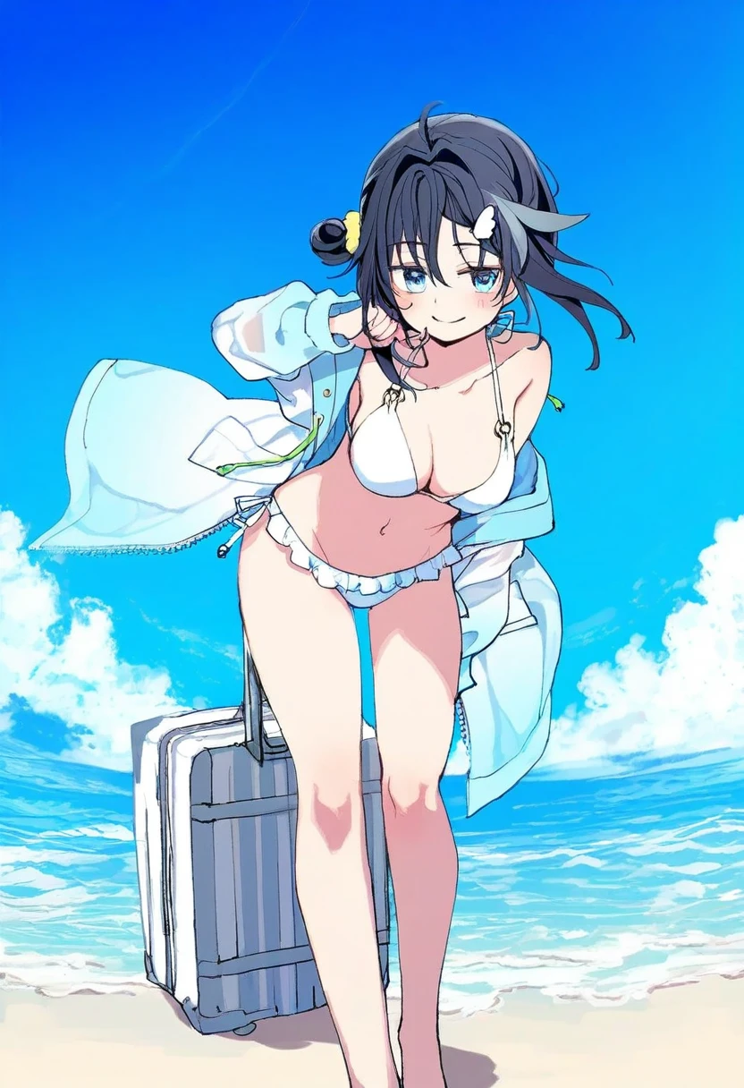 (niichi \(komorebi-palette\)),(shichigatsu),akadako,[[swordsouls]],(sagami jon),(demizu posuka),(sofra),[[sui \(suizilla\)]], - 1girl,la pluma \(summer flowers\) \(arknights\),arknights,white bikini,outdoors,navel,day,sky,blue sky,beach,suitcase,looking at viewer,ocean,low-tied long hair,leaning forward,standing,holding,frills,hand up,bare shoulders,floating hair,