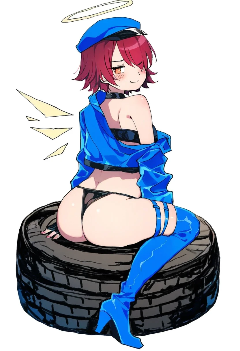 (niichi \(komorebi-palette\)),(shichigatsu),akadako,[[swordsouls]],(sagami jon),(demizu posuka),(sofra),[[sui \(suizilla\)]], - 1girl,exusiai \(arknights\),arknights,black gloves,black panties,blue thigh boots,blue hat,blue jacket,long sleeves,race queen,thigh strap,thong,single bare shoulder,skindentation,tire,