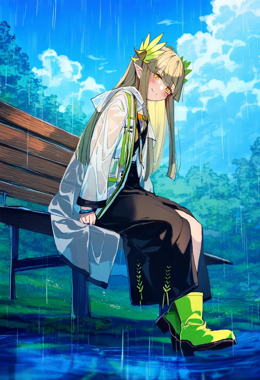 (niichi \(komorebi-palette\)),(shichigatsu),akadako,[[swordsouls]],(sagami jon),(demizu posuka),(sofra),[[sui \(suizilla\)]], - 1girl,muelsyse \(arknights\),arknights,cloudy sky,grass,on bench,outdoors,rain,road,yellow rubber boots,see-through coat,sitting,transparent raincoat,water drop,