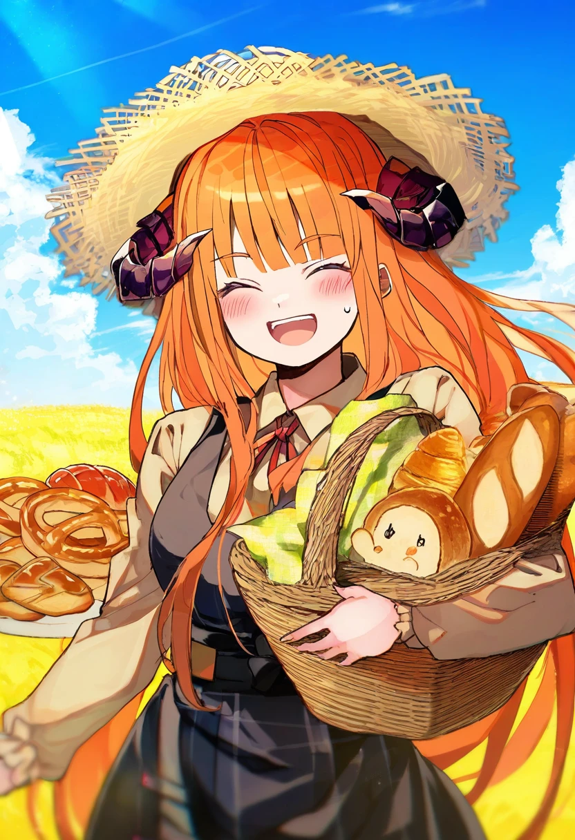 (niichi \(komorebi-palette\)),(shichigatsu),akadako,[[swordsouls]],(sagami jon),(demizu posuka),(sofra),[[sui \(suizilla\)]], - 1girl,bagpipe \(arknights\),arknights,baguette,blush,bread,croissant,holding basket,pretzel,upper body,straw hat,field,sky,laughing,sweat,sunlight,