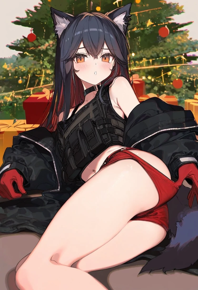 cogecha,((ciloranko)),[[[Rella]]],[[ask \(askzy\)]],mignon,[popqn],kawacy,minaba hideo,fuya \(tempupupu\),dishwasher1910, - 1girl,texas \(arknights\),arknights,underwear,tactical vest,christmas tree,christmas ornaments,