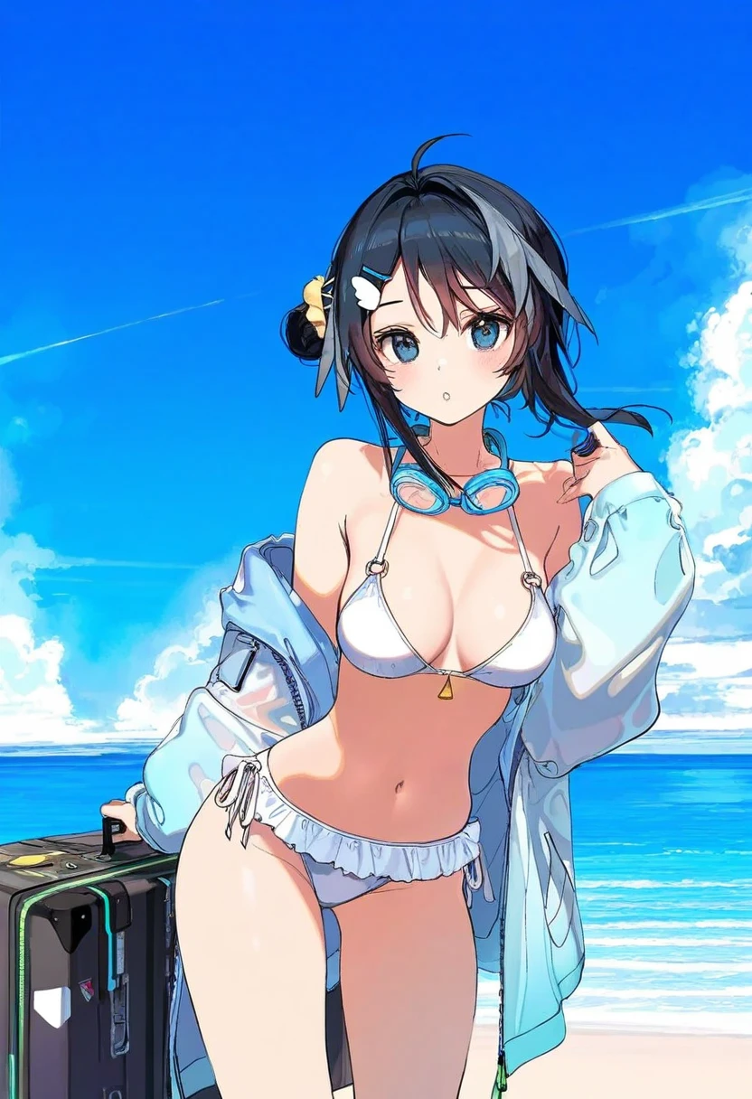 cogecha,((ciloranko)),[[[Rella]]],[[ask \(askzy\)]],mignon,[popqn],kawacy,minaba hideo,fuya \(tempupupu\),dishwasher1910, - 1girl,la pluma \(summer flowers\) \(arknights\),arknights,white bikini,outdoors,navel,day,sky,blue sky,beach,suitcase,looking at viewer,ocean,low-tied long hair,leaning forward,standing,holding,frills,hand up,bare shoulders,floating hair,