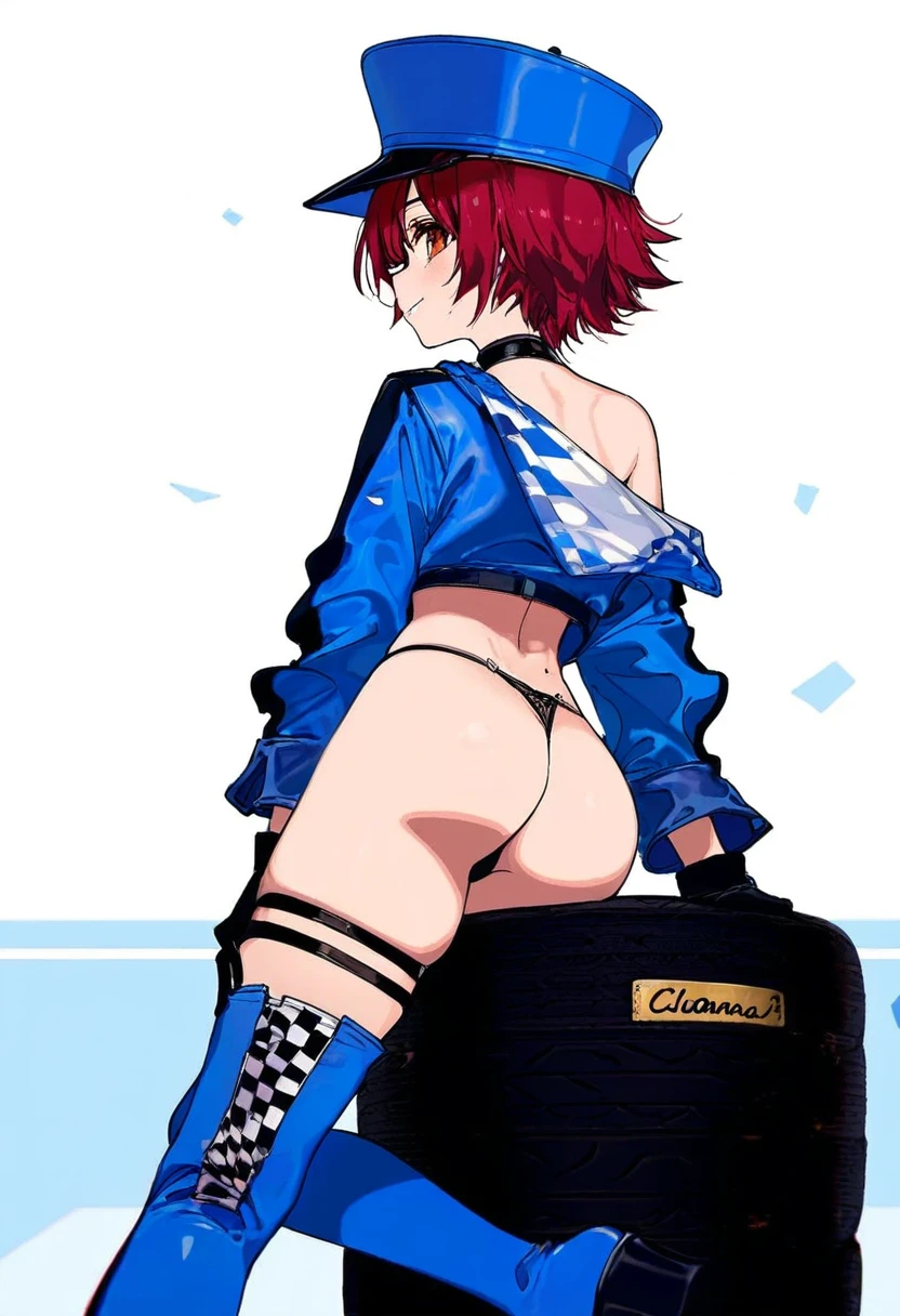 cogecha,((ciloranko)),[[[Rella]]],[[ask \(askzy\)]],mignon,[popqn],kawacy,minaba hideo,fuya \(tempupupu\),dishwasher1910, - 1girl,exusiai \(arknights\),arknights,black gloves,black panties,blue thigh boots,blue hat,blue jacket,long sleeves,race queen,thigh strap,thong,single bare shoulder,skindentation,tire,