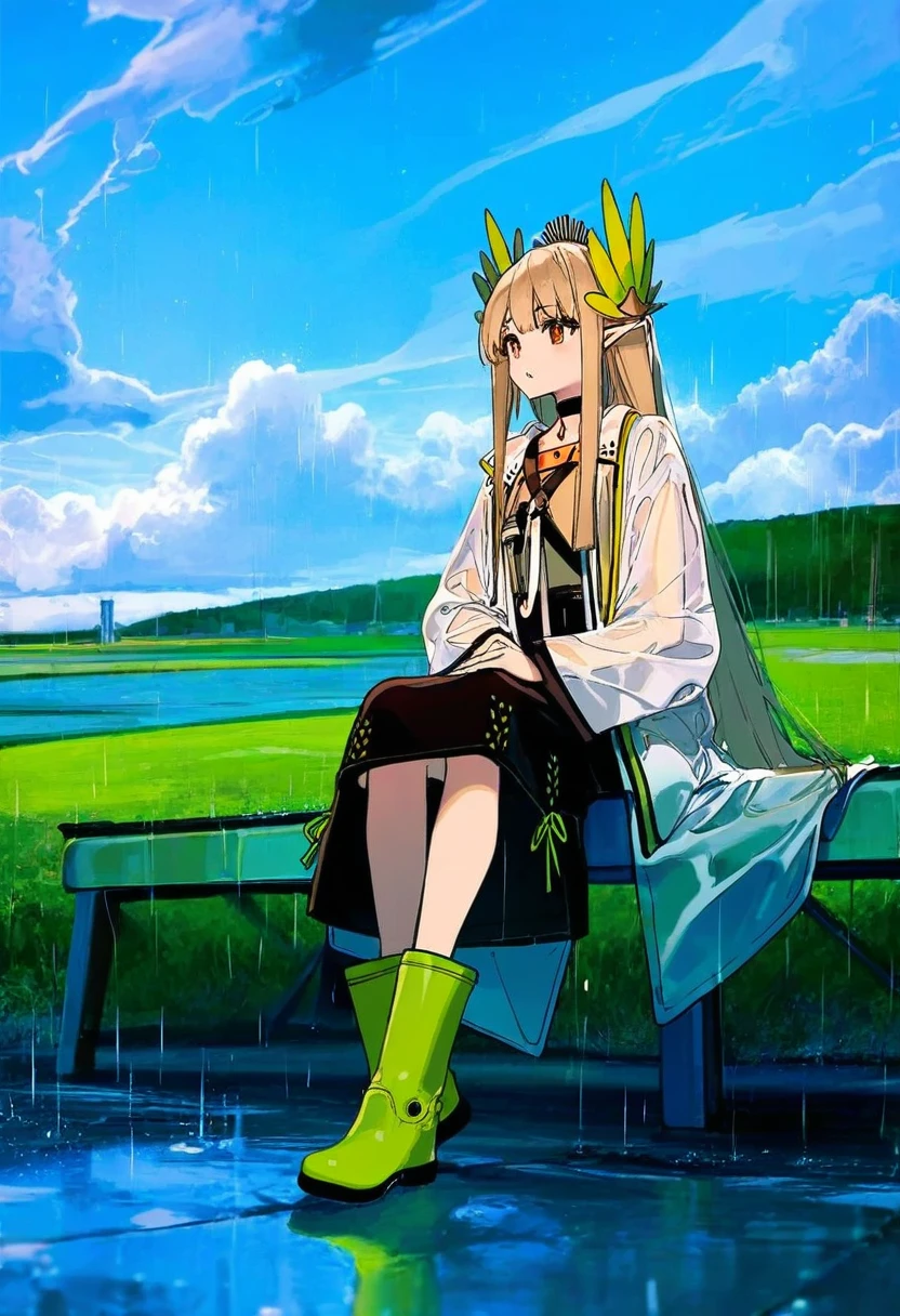 cogecha,((ciloranko)),[[[Rella]]],[[ask \(askzy\)]],mignon,[popqn],kawacy,minaba hideo,fuya \(tempupupu\),dishwasher1910, - 1girl,muelsyse \(arknights\),arknights,cloudy sky,grass,on bench,outdoors,rain,road,yellow rubber boots,see-through coat,sitting,transparent raincoat,water drop,