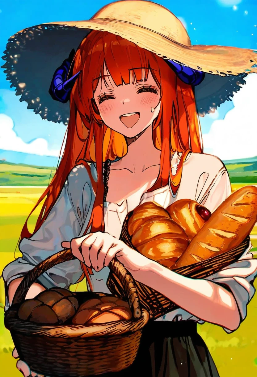 cogecha,((ciloranko)),[[[Rella]]],[[ask \(askzy\)]],mignon,[popqn],kawacy,minaba hideo,fuya \(tempupupu\),dishwasher1910, - 1girl,bagpipe \(arknights\),arknights,baguette,blush,bread,croissant,holding basket,pretzel,upper body,straw hat,field,sky,laughing,sweat,sunlight,