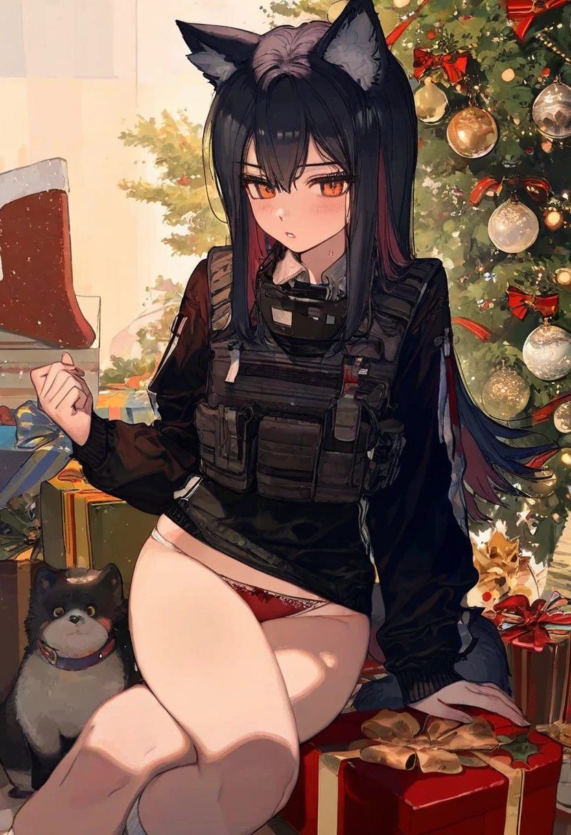 cogecha,((ciloranko)),[[[Rella]]],[[ask \(askzy\)]],mignon,kawacy,[pigeon666], - 1girl,texas \(arknights\),arknights,underwear,tactical vest,christmas tree,christmas ornaments,