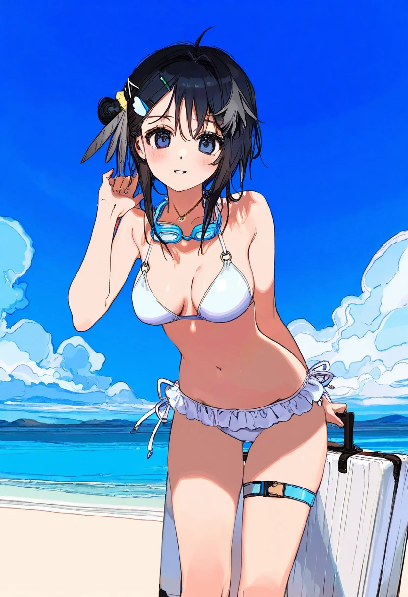 cogecha,((ciloranko)),[[[Rella]]],[[ask \(askzy\)]],mignon,kawacy,[pigeon666], - 1girl,la pluma \(summer flowers\) \(arknights\),arknights,white bikini,outdoors,navel,day,sky,blue sky,beach,suitcase,looking at viewer,ocean,low-tied long hair,leaning forward,standing,holding,frills,hand up,bare shoulders,floating hair,