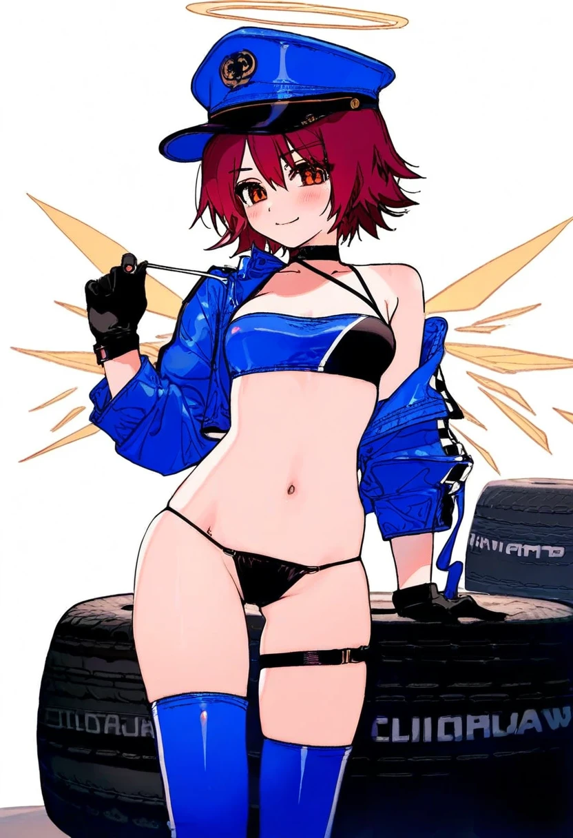 cogecha,((ciloranko)),[[[Rella]]],[[ask \(askzy\)]],mignon,kawacy,[pigeon666], - 1girl,exusiai \(arknights\),arknights,black gloves,black panties,blue thigh boots,blue hat,blue jacket,long sleeves,race queen,thigh strap,thong,single bare shoulder,skindentation,tire,