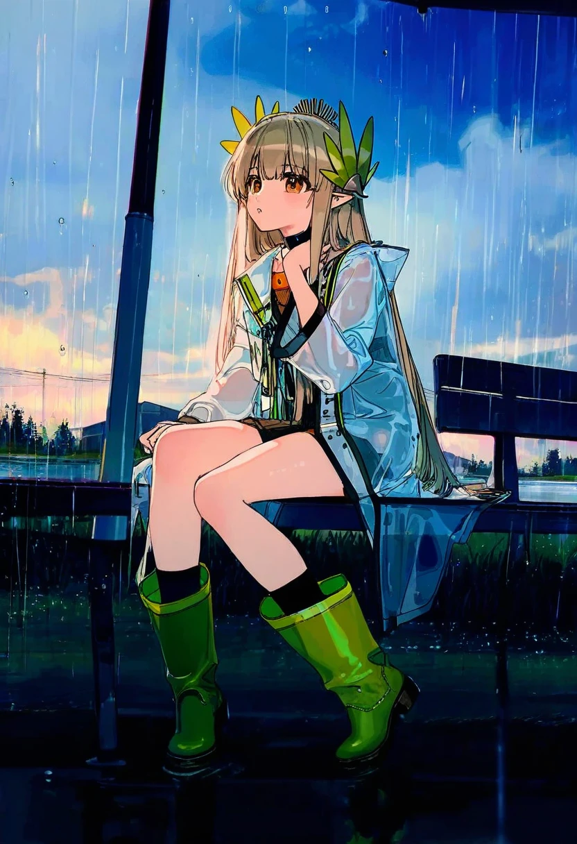 cogecha,((ciloranko)),[[[Rella]]],[[ask \(askzy\)]],mignon,kawacy,[pigeon666], - 1girl,muelsyse \(arknights\),arknights,cloudy sky,grass,on bench,outdoors,rain,road,yellow rubber boots,see-through coat,sitting,transparent raincoat,water drop,