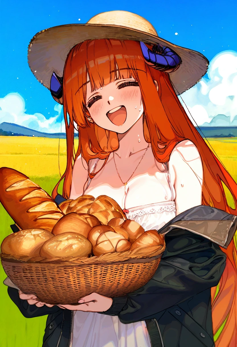 cogecha,((ciloranko)),[[[Rella]]],[[ask \(askzy\)]],mignon,kawacy,[pigeon666], - 1girl,bagpipe \(arknights\),arknights,baguette,blush,bread,croissant,holding basket,pretzel,upper body,straw hat,field,sky,laughing,sweat,sunlight,