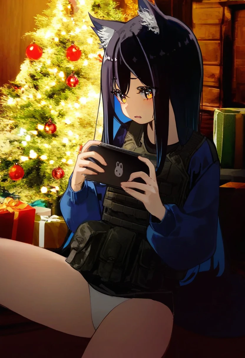 dev \(dev0614\),[onono imoko],[sasairebun],((waterkuma)),migolu,[murata yuusuke],((yoon cook)),((nanoless)), - 1girl,texas \(arknights\),arknights,underwear,tactical vest,christmas tree,christmas ornaments,