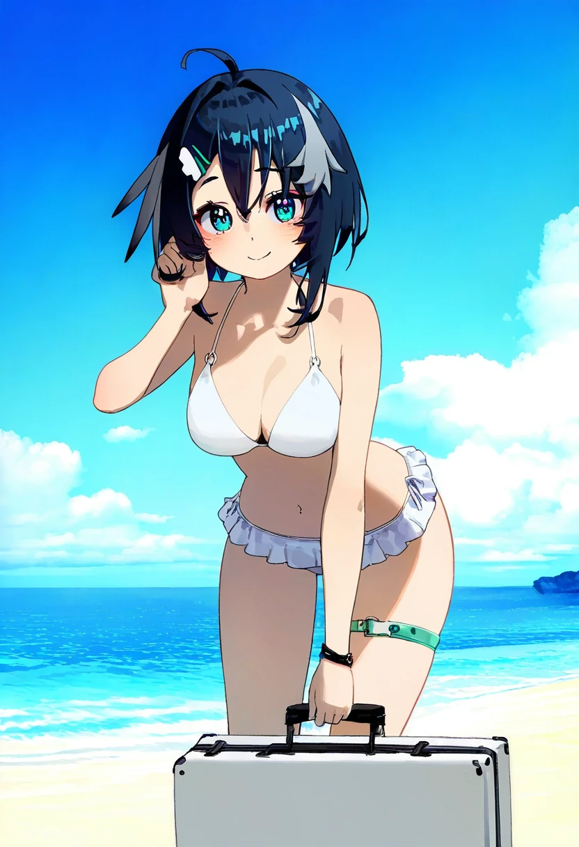 dev \(dev0614\),[onono imoko],[sasairebun],((waterkuma)),migolu,[murata yuusuke],((yoon cook)),((nanoless)), - 1girl,la pluma \(summer flowers\) \(arknights\),arknights,white bikini,outdoors,navel,day,sky,blue sky,beach,suitcase,looking at viewer,ocean,low-tied long hair,leaning forward,standing,holding,frills,hand up,bare shoulders,floating hair,