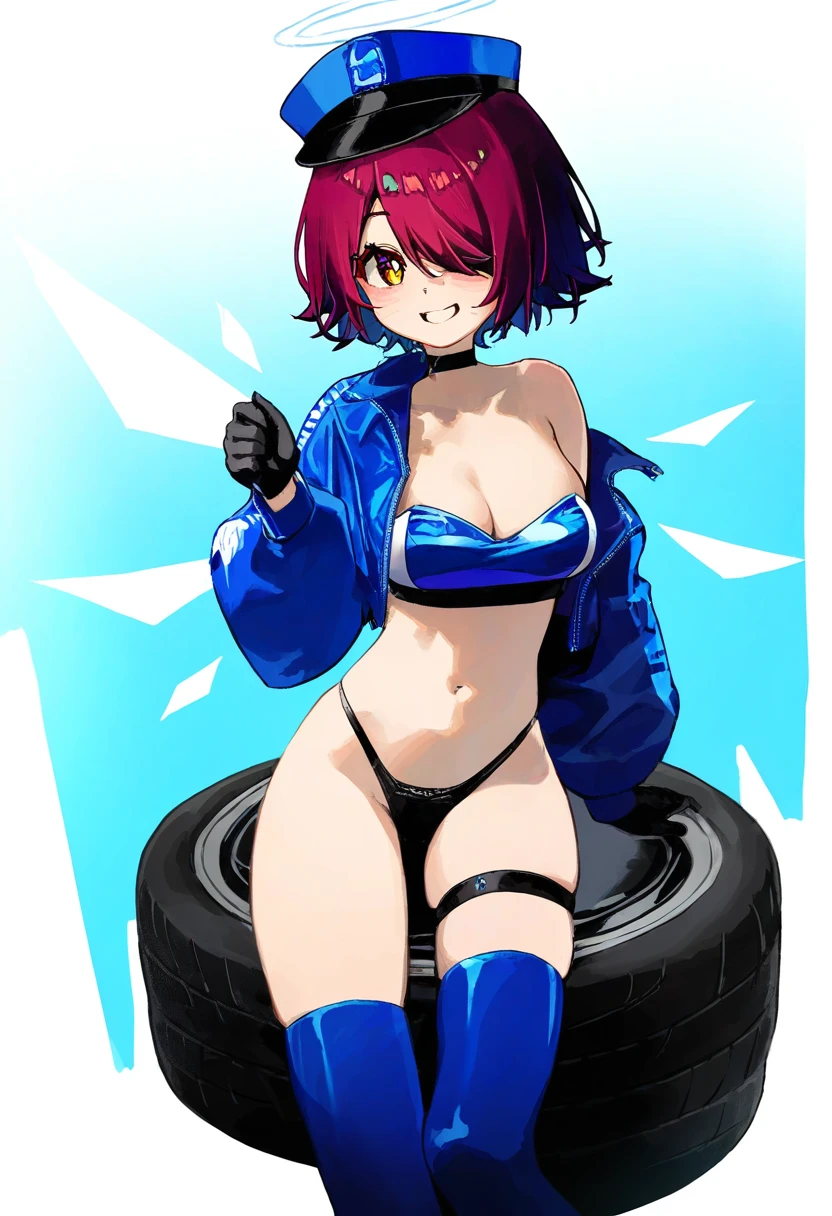 dev \(dev0614\),[onono imoko],[sasairebun],((waterkuma)),migolu,[murata yuusuke],((yoon cook)),((nanoless)), - 1girl,exusiai \(arknights\),arknights,black gloves,black panties,blue thigh boots,blue hat,blue jacket,long sleeves,race queen,thigh strap,thong,single bare shoulder,skindentation,tire,