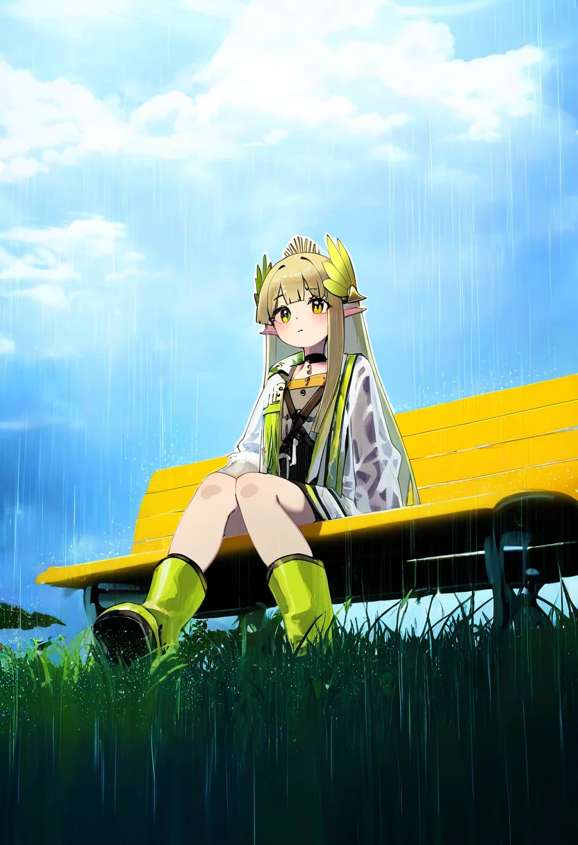 dev \(dev0614\),[onono imoko],[sasairebun],((waterkuma)),migolu,[murata yuusuke],((yoon cook)),((nanoless)), - 1girl,muelsyse \(arknights\),arknights,cloudy sky,grass,on bench,outdoors,rain,road,yellow rubber boots,see-through coat,sitting,transparent raincoat,water drop,