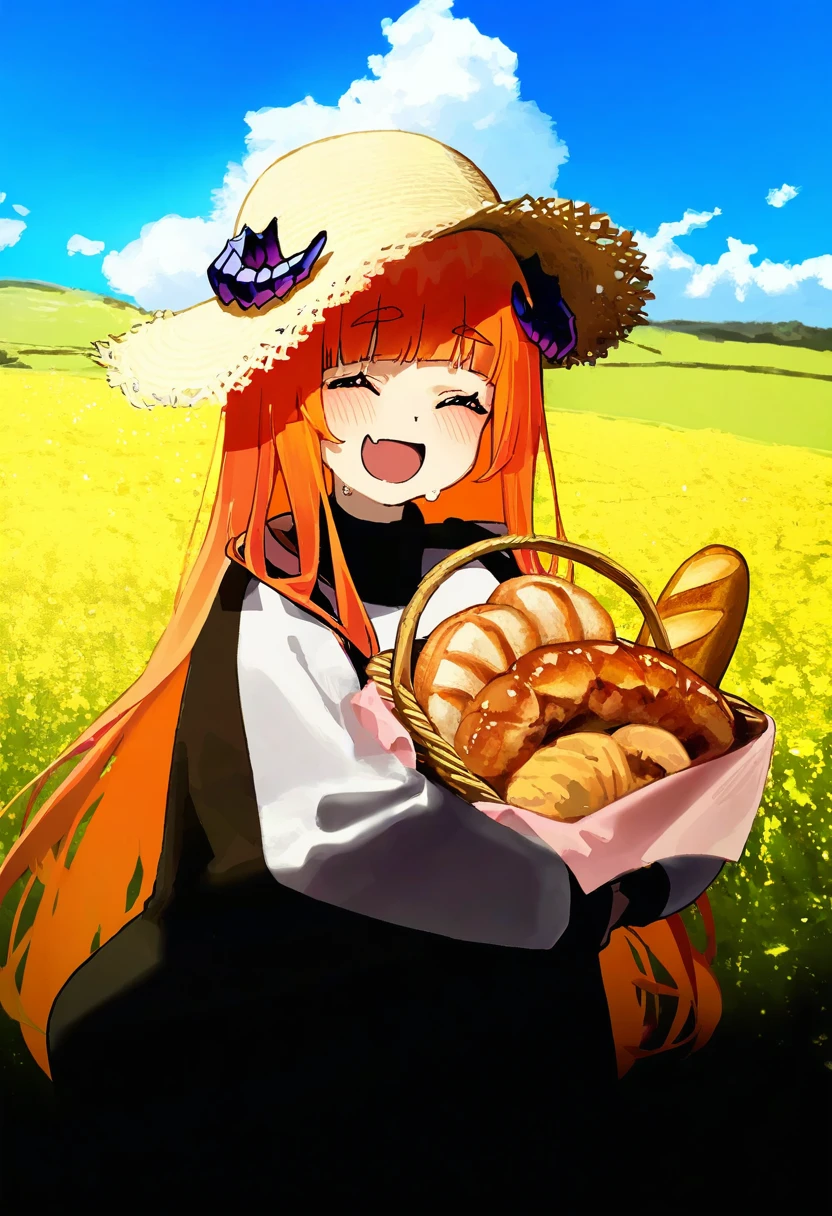 dev \(dev0614\),[onono imoko],[sasairebun],((waterkuma)),migolu,[murata yuusuke],((yoon cook)),((nanoless)), - 1girl,bagpipe \(arknights\),arknights,baguette,blush,bread,croissant,holding basket,pretzel,upper body,straw hat,field,sky,laughing,sweat,sunlight,