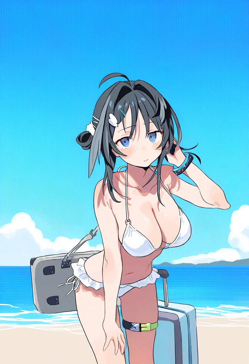 kz oji,daizu \(melon-lemon\),(teshima nari),(yukataro),honlo,[zuo daoxing],(icomochi),[[yana mori]], - 1girl,la pluma \(summer flowers\) \(arknights\),arknights,white bikini,outdoors,navel,day,sky,blue sky,beach,suitcase,looking at viewer,ocean,low-tied long hair,leaning forward,standing,holding,frills,hand up,bare shoulders,floating hair,