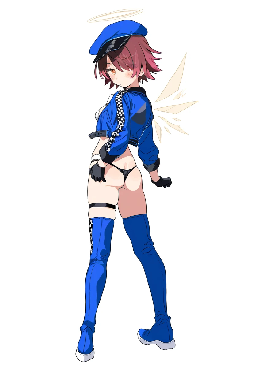 kz oji,daizu \(melon-lemon\),(teshima nari),(yukataro),honlo,[zuo daoxing],(icomochi),[[yana mori]], - 1girl,exusiai \(arknights\),arknights,black gloves,black panties,blue thigh boots,blue hat,blue jacket,long sleeves,race queen,thigh strap,thong,single bare shoulder,skindentation,tire,