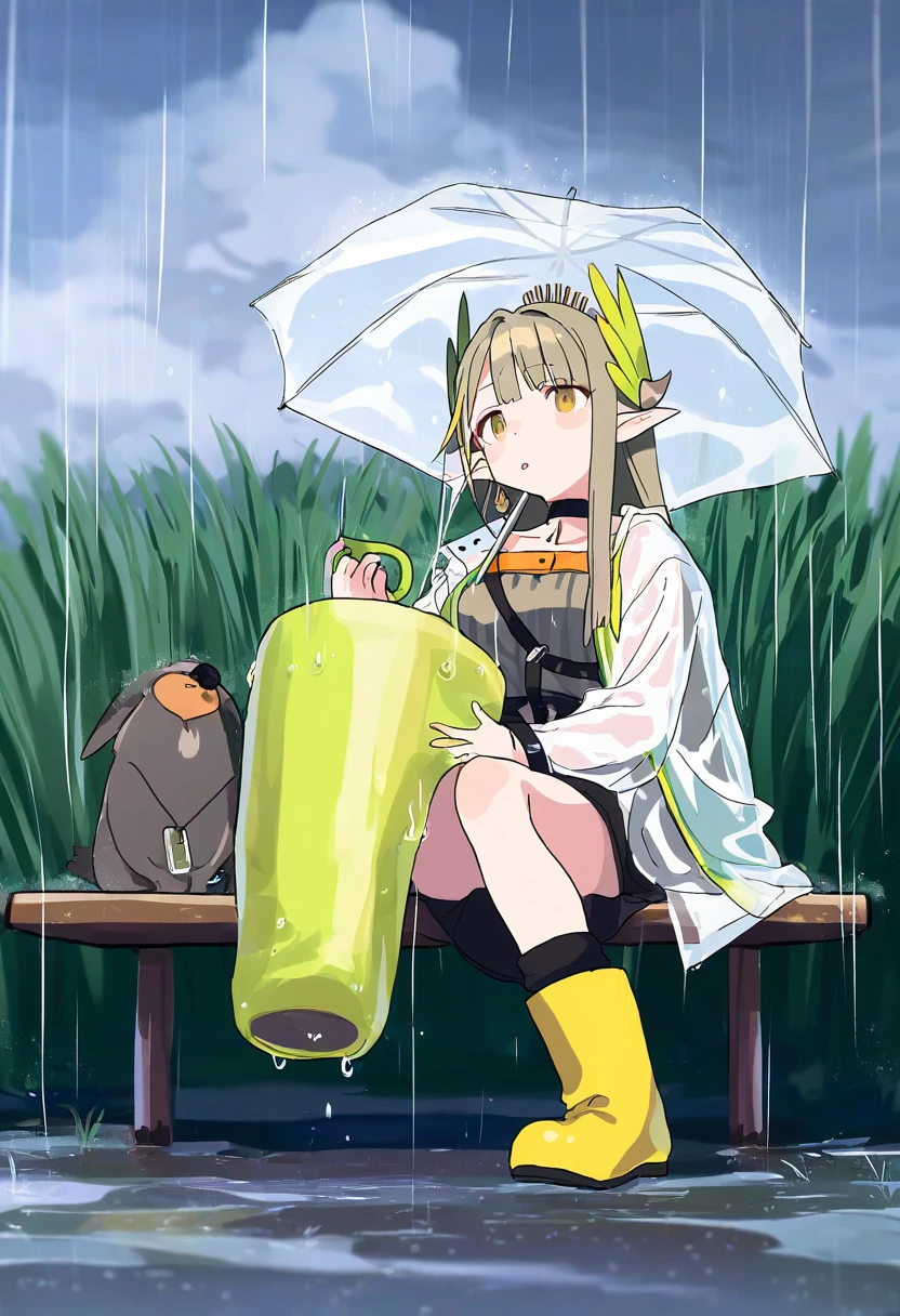 kz oji,daizu \(melon-lemon\),(teshima nari),(yukataro),honlo,[zuo daoxing],(icomochi),[[yana mori]], - 1girl,muelsyse \(arknights\),arknights,cloudy sky,grass,on bench,outdoors,rain,road,yellow rubber boots,see-through coat,sitting,transparent raincoat,water drop,