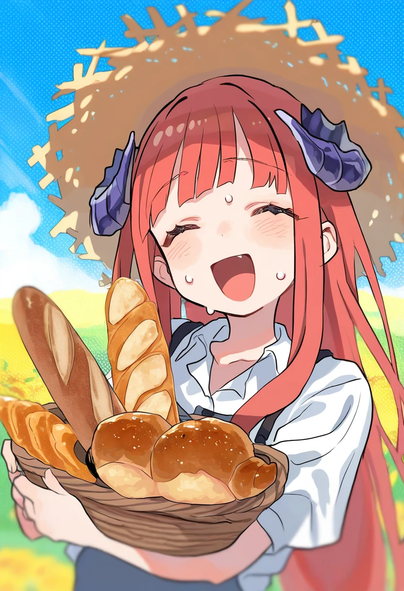 kz oji,daizu \(melon-lemon\),(teshima nari),(yukataro),honlo,[zuo daoxing],(icomochi),[[yana mori]], - 1girl,bagpipe \(arknights\),arknights,baguette,blush,bread,croissant,holding basket,pretzel,upper body,straw hat,field,sky,laughing,sweat,sunlight,