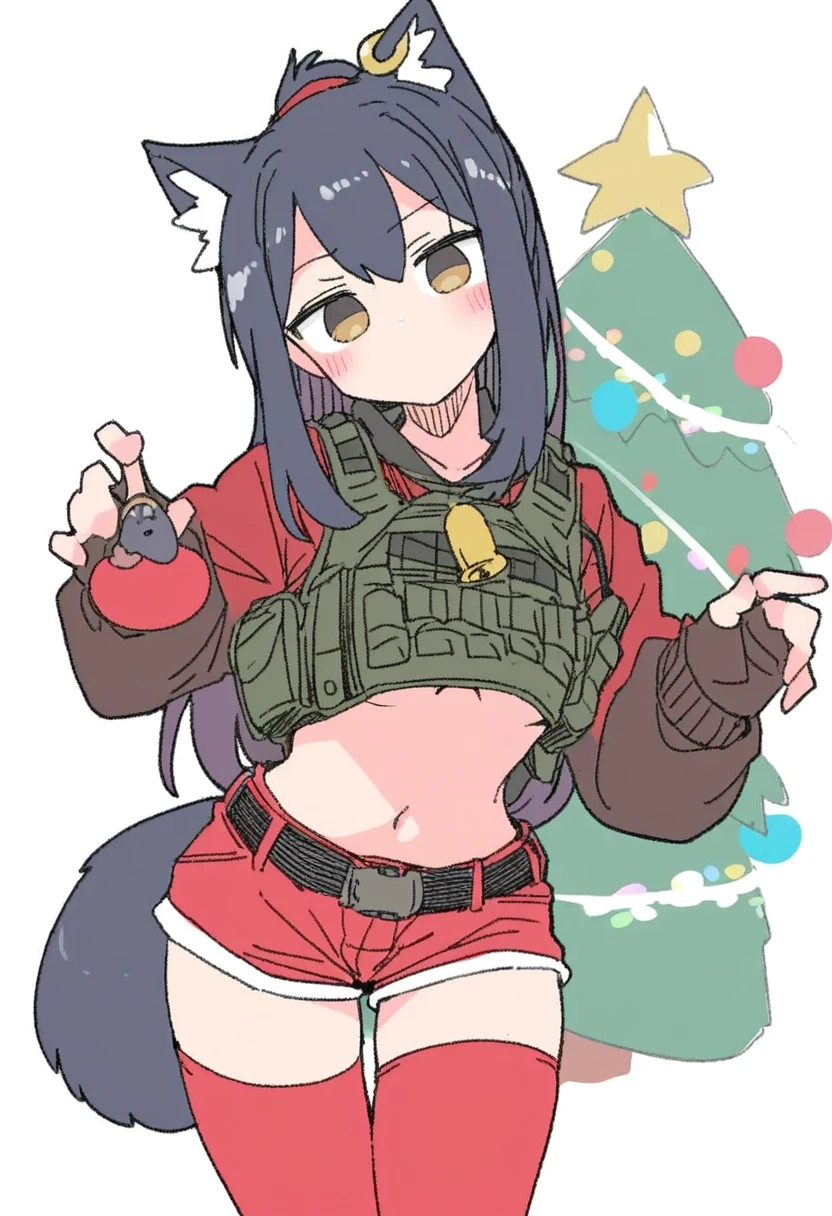 massakasama,donguri suzume,naga u,shashaki,donguri suzume,ergot,fkey,ohisashiburi, - 1girl,texas \(arknights\),arknights,underwear,tactical vest,christmas tree,christmas ornaments,