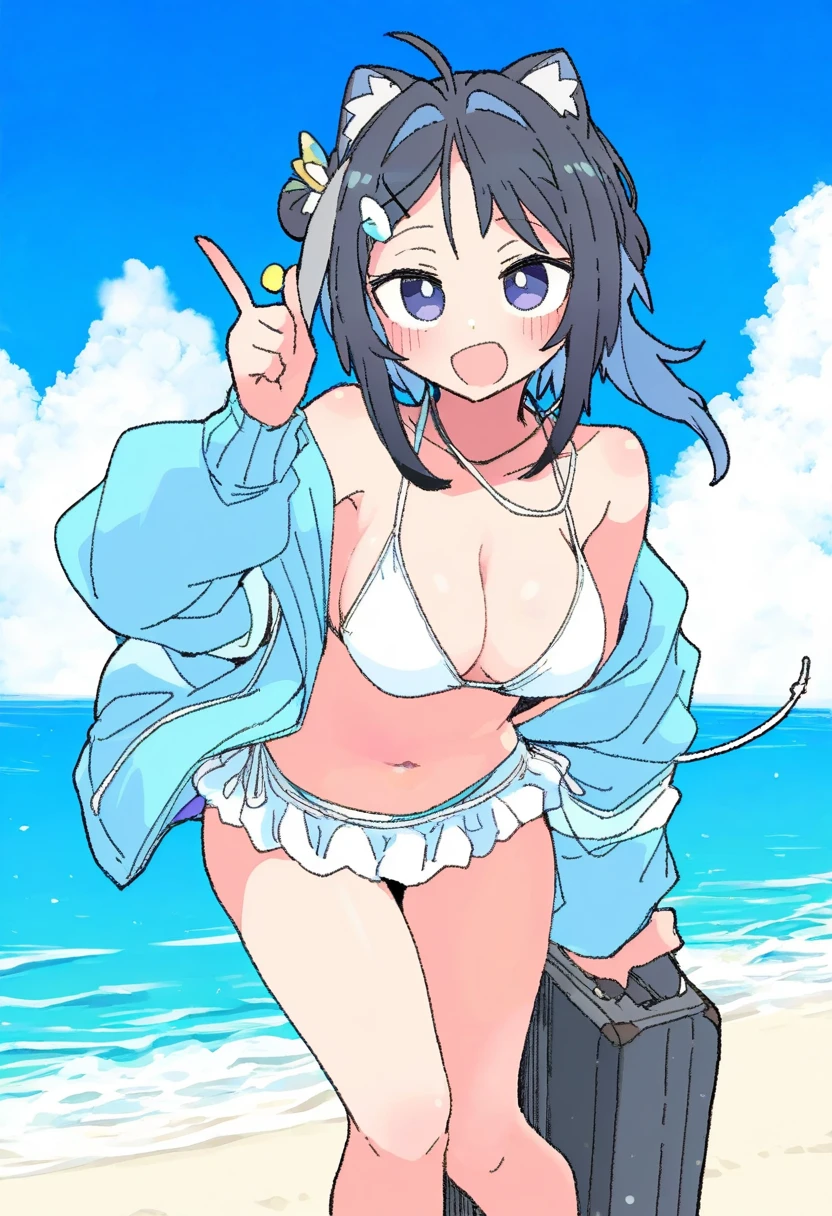 massakasama,donguri suzume,naga u,shashaki,donguri suzume,ergot,fkey,ohisashiburi, - 1girl,la pluma \(summer flowers\) \(arknights\),arknights,white bikini,outdoors,navel,day,sky,blue sky,beach,suitcase,looking at viewer,ocean,low-tied long hair,leaning forward,standing,holding,frills,hand up,bare shoulders,floating hair,
